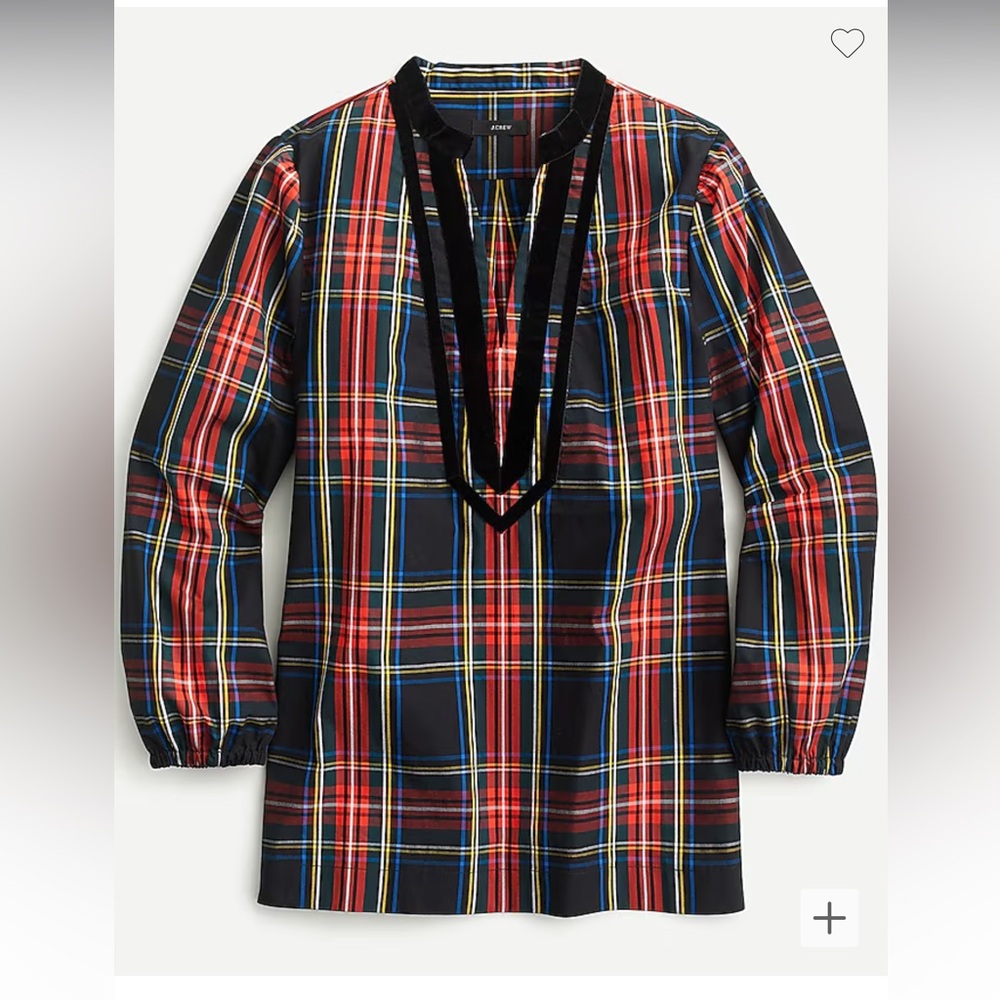 Jcrew velvet trimmed v-neck‎ tunic in black Stewart Tartan